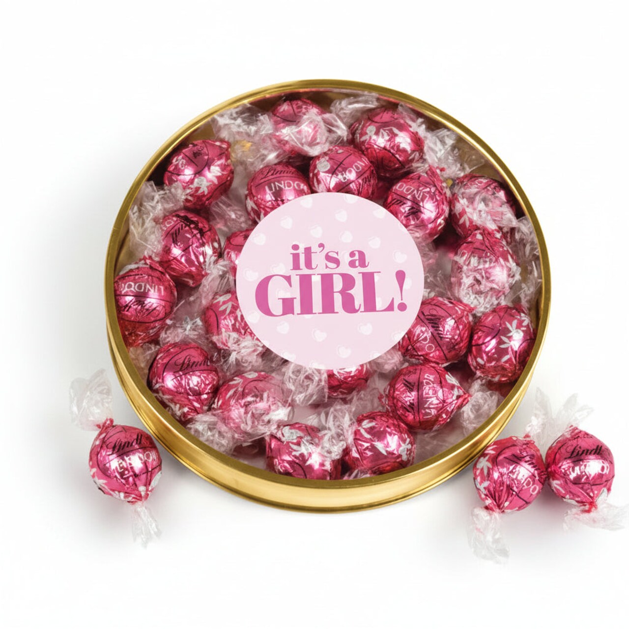 It's a Girl Baby Shower Candy Gift Tin with Chocolate Lindor Truffles by Lindt Large Plastic Tin with Sticker - By Just Candy